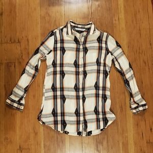 Womans Woolrich Orange and Blue Diamond Stripped Button Down shirt Size Small